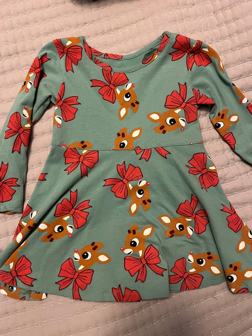 Girls Green Rudolph Long-Sleeve Dress